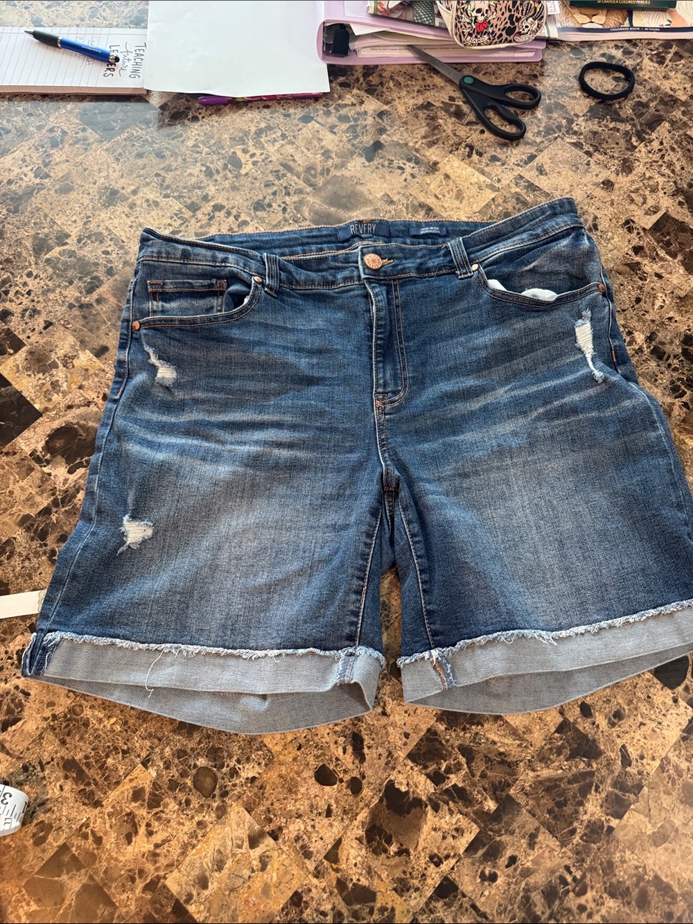 Revelry Distressed Rolled-Hem Denim Shorts in Medium Blue